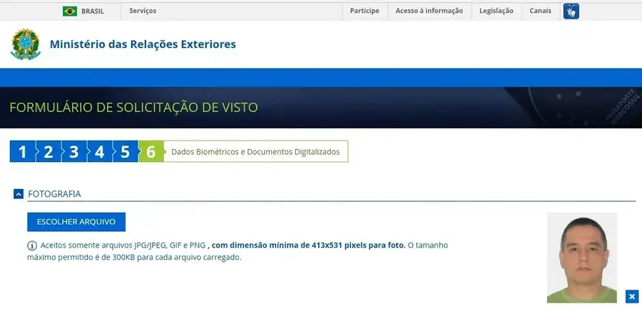 Seção de foto do pedido de visto do Brasil
