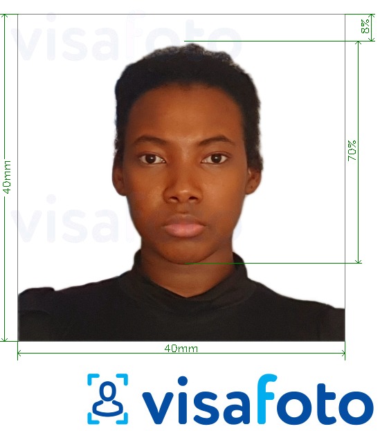 Exemplo de foto para Congo (Brazzaville) passaporte 4x4 cm (40x40 mm) com especificação exata de dimensão