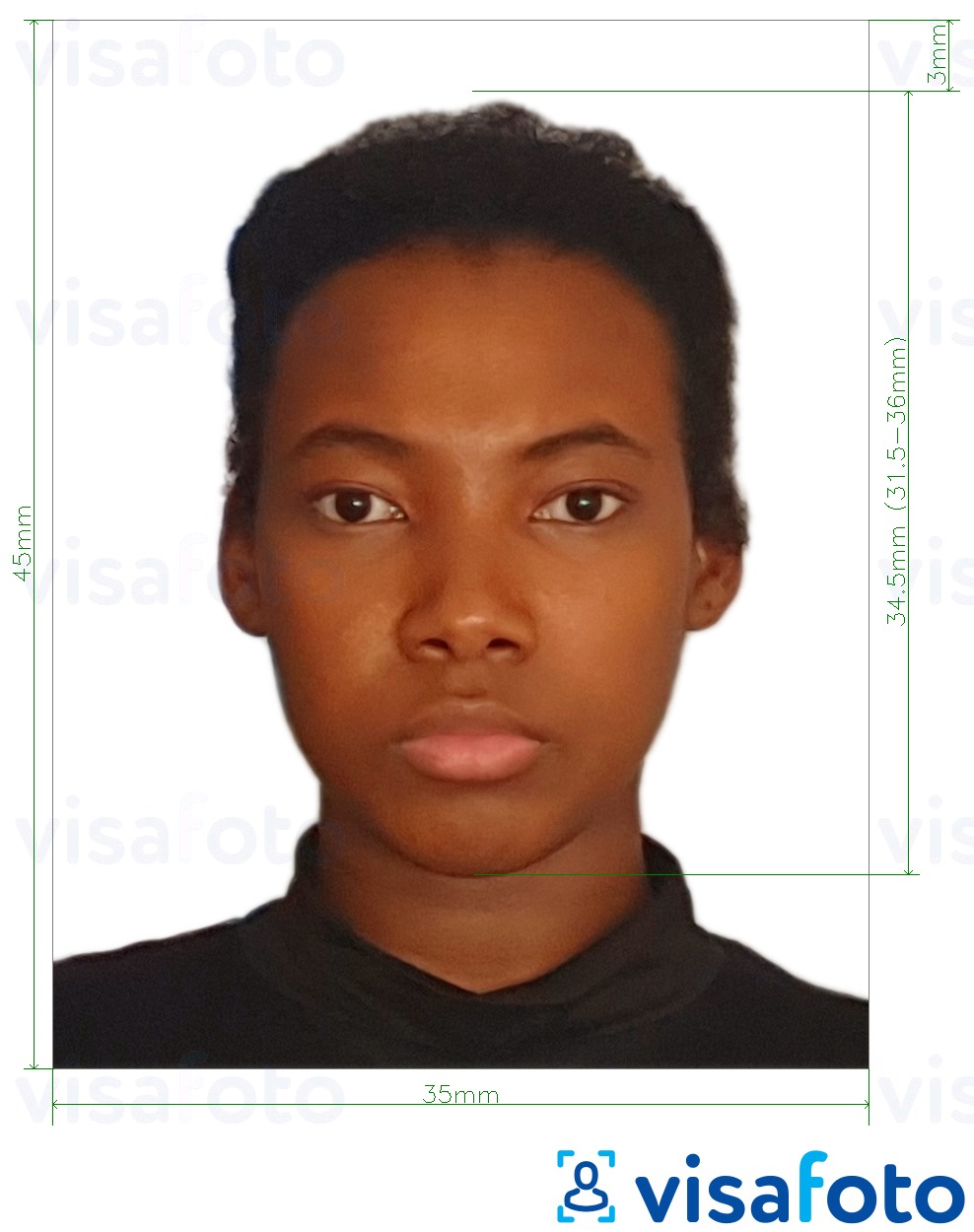 Exemplo de foto para Passaporte dos Camarões 35x45 mm (3.5x4.5 cm) com especificação exata de dimensão