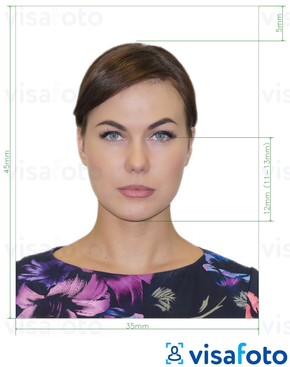 Exemplo de foto para Passaporte da Rússia (olhos no fundo do queixo 12 mm), 35x45 mm com especificação exata de dimensão