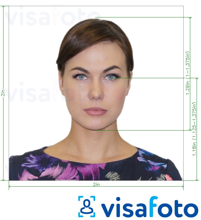 Exemplo de foto para Passaporte Americano 2x2 polegadas (51х51 mm) com especificação exata de dimensão