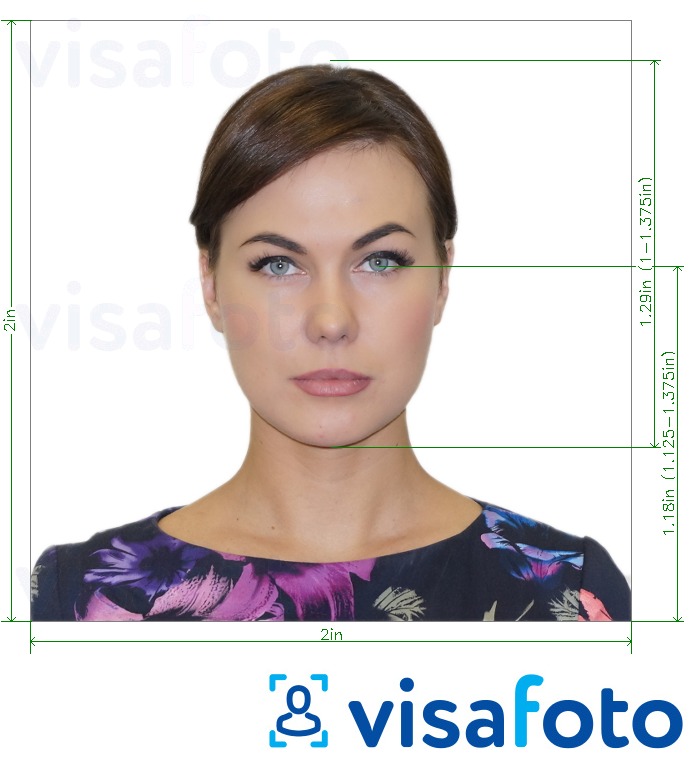 Exemplo de foto para Cartão de passaporte dos EUA 2x2 polegadas com especificação exata de dimensão