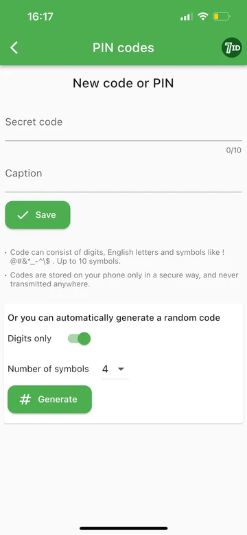 7ID: PIN və ya kod yaradın