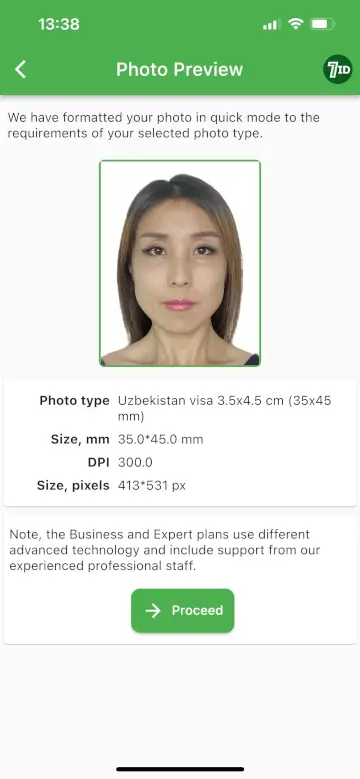 Aplicación 7ID: ejemplo de fotografía para la visa de Uzbekistán