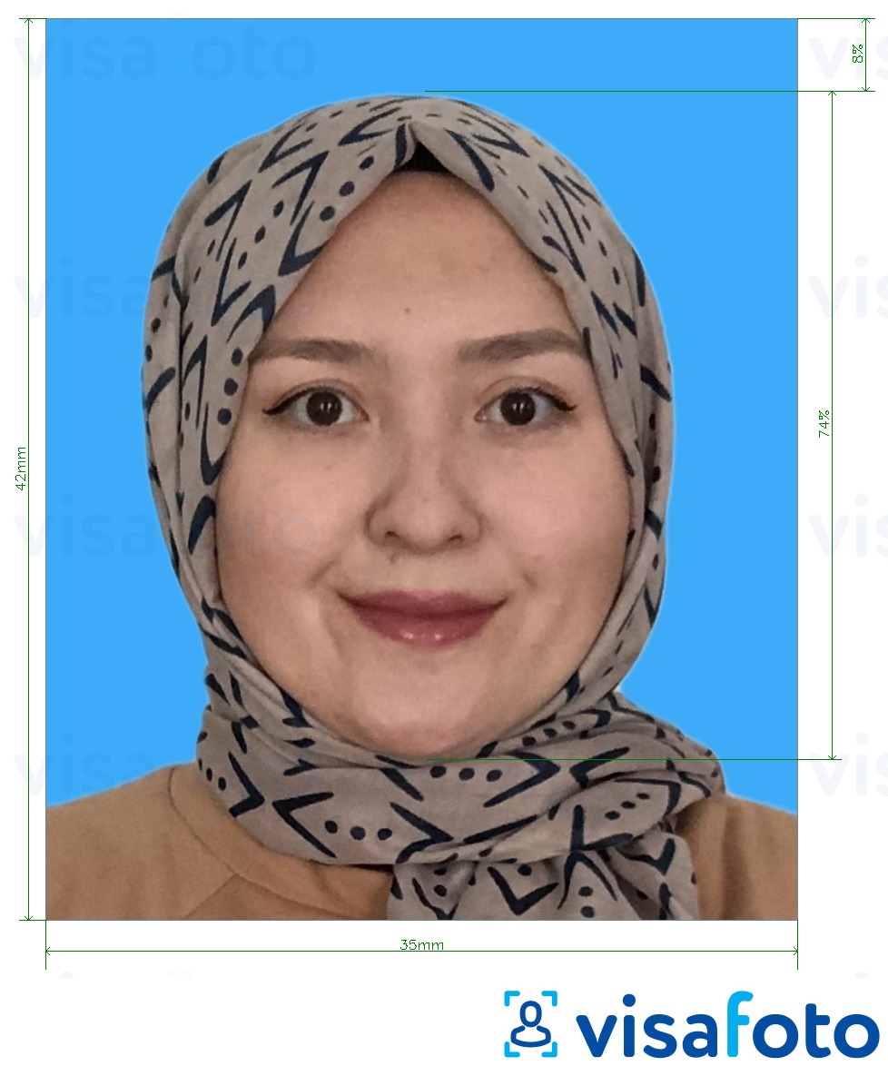 Exemplo de foto para Certificado de Emergência do Brunei (Sijil Darurat) 3,5x4,2 cm (35x42 mm) com especificação exata de dimensão