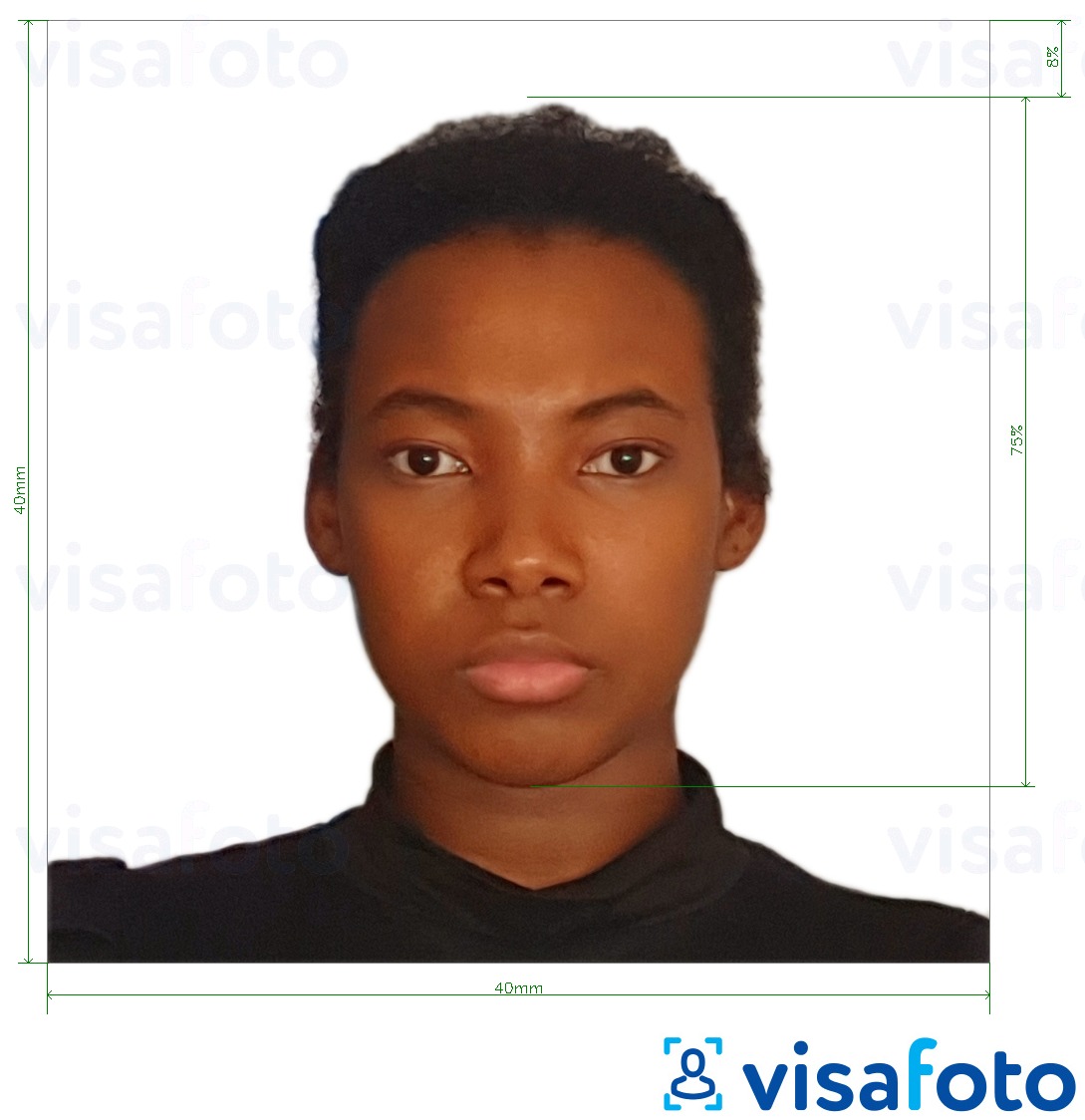 Exemplo de foto para Passaporte dos Camarões 4x4 cm (40x40 mm) com especificação exata de dimensão