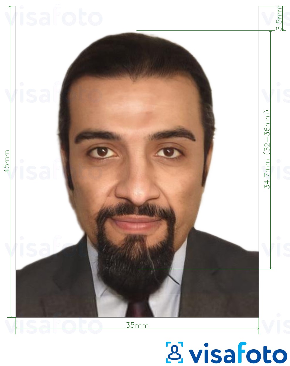 Exemplo de foto para Visa de Argélia 35x45 mm (3.5x4.5 cm) com especificação exata de dimensão