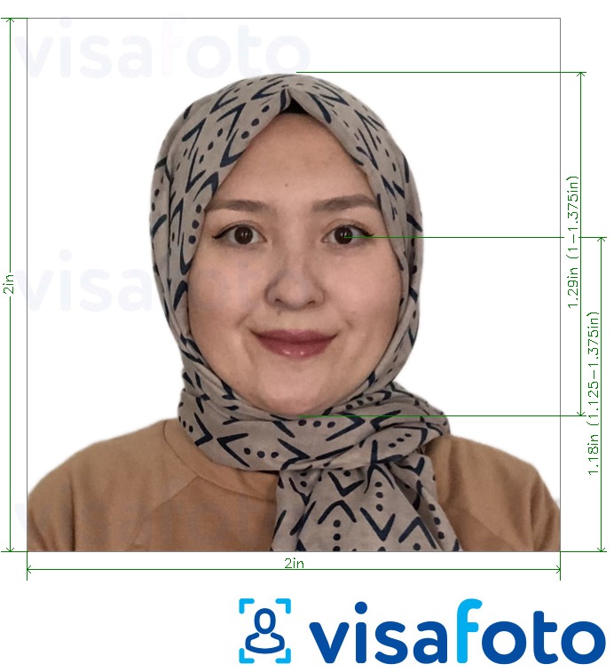 Exemplo de foto para Passaporte Indonésio 51x51 mm (2x2 polegadas) fundo branco com especificação exata de dimensão