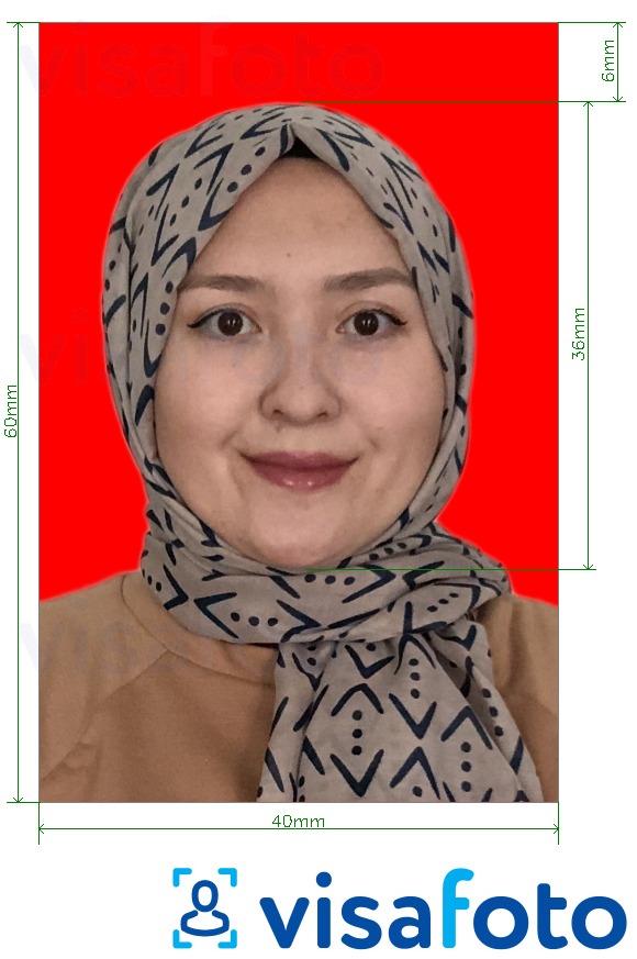 Exemplo de foto para Indonésia Visa 4x6 cm fundo vermelho com especificação exata de dimensão