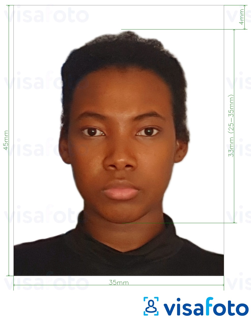 Exemplo de foto para Passaporte Jamaica 35x45 mm (3,5x4,5 cm) com especificação exata de dimensão
