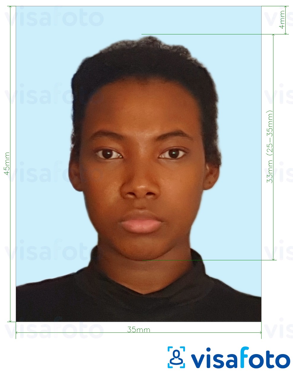 Exemplo de foto para Jamaica passaporte 35x45 mm fundo azul claro com especificação exata de dimensão