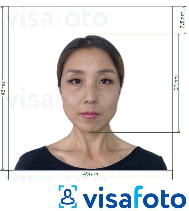 Exemplo de foto para Japão Visa 45x45mm, cabeça 27 mm com especificação exata de dimensão
