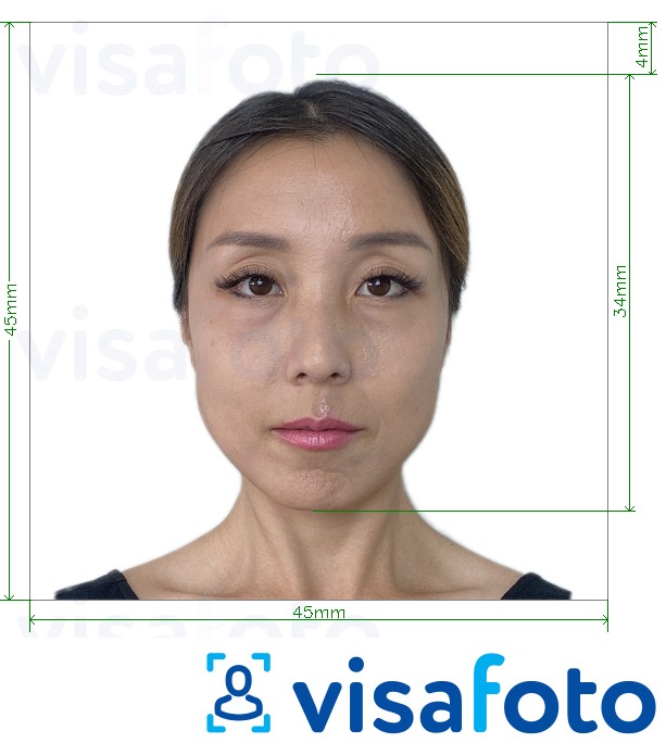 Exemplo de foto para Japão Visa 45x45mm, cabeça 34 mm com especificação exata de dimensão