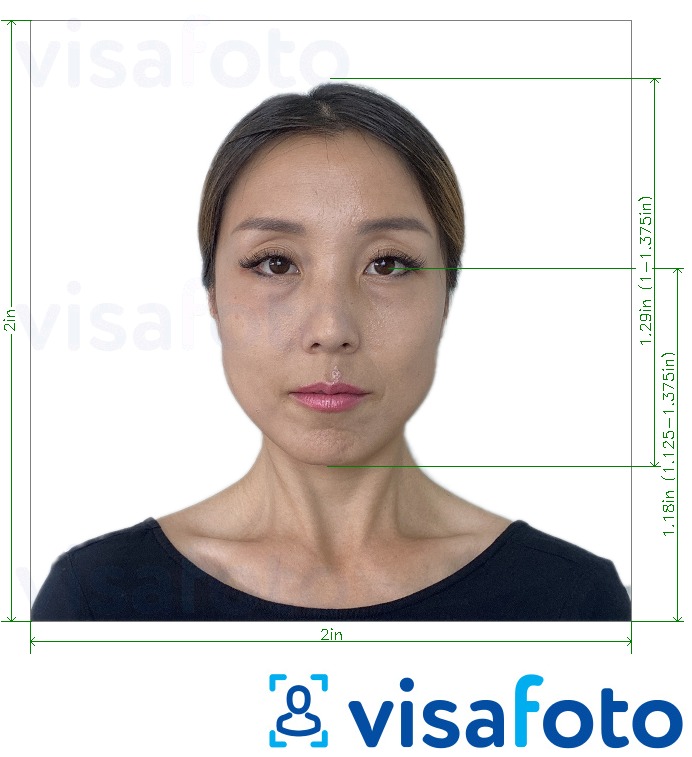 Exemplo de foto para Japão Visa 2x2 polegadas (visto padrão dos EUA) com especificação exata de dimensão