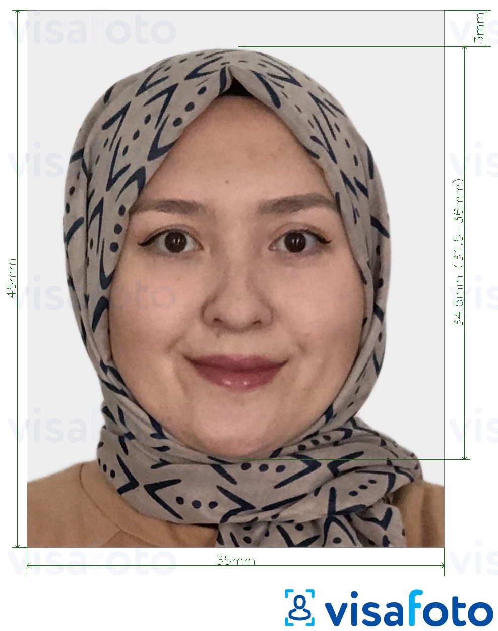 Exemplo de foto para Visa do Cazaquistão 35x45 mm (3.5x4.5 cm) com especificação exata de dimensão