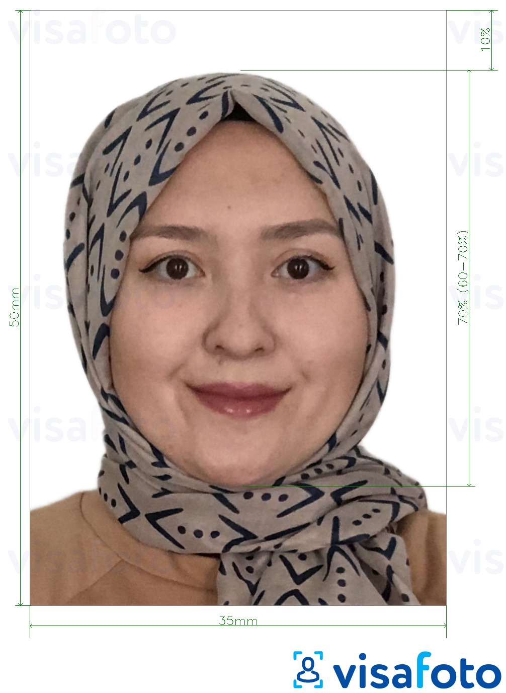 Exemplo de foto para Malásia Visa 35x50 mm fundo branco com especificação exata de dimensão