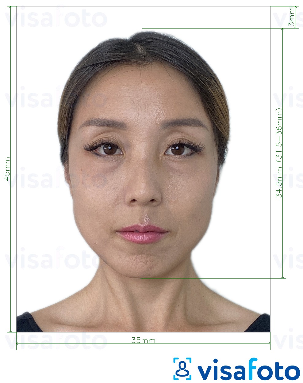 Exemplo de foto para Taiwan Visa 35x45 mm (3.5x4.5 cm) com especificação exata de dimensão