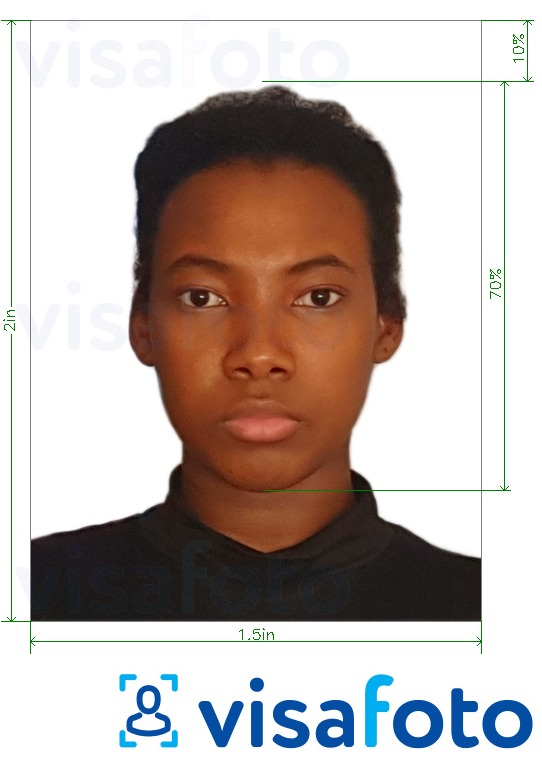 Exemplo de foto para Passaporte da Zâmbia com 1,5x2 polegadas (51x38 mm) com especificação exata de dimensão