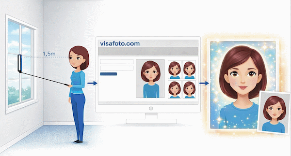 Tire sua foto com um smartphone ou câmara fotográfica contra uma parede clara, e realize o seu envio por aqui para obter uma imagem de foto adequada para o teu visto, passaporte ou cartão de identificação.