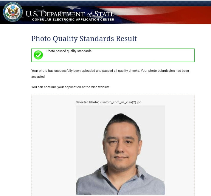 Tela de sucesso de upload de fotos para o visto dos EUA