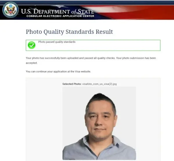 Tela de sucesso de upload de fotos para o visto dos EUA